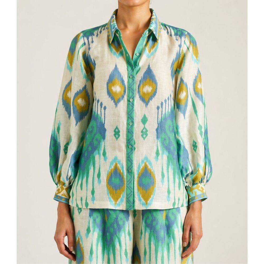 NWOT Ranna Gill Lydia linen button down ikat shirt, XS $238 C2